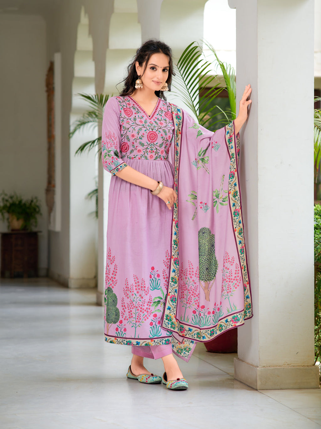 Lavender flared kurta with intricate embroidery and matching printed dupatta