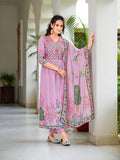 Lavender flared kurta with intricate embroidery and matching printed dupatta