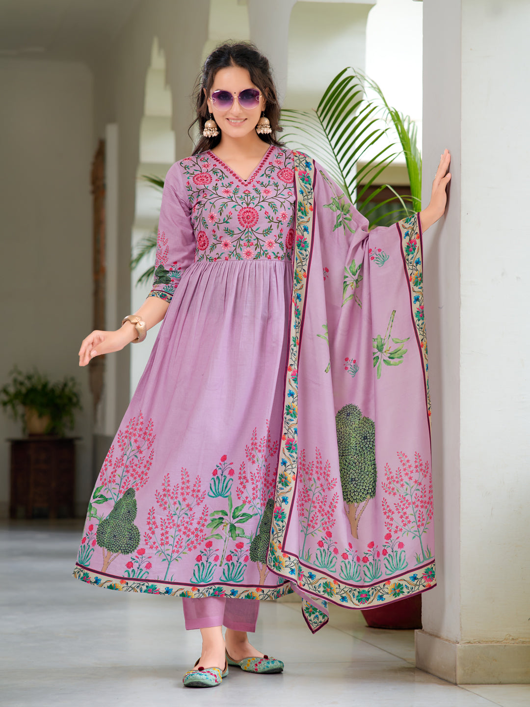 Lavender Placement Printed & Embroidered Flared Kurta Set