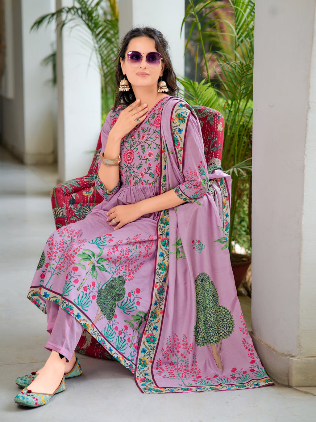 Lavender Placement Printed & Embroidered Flared Kurta Set