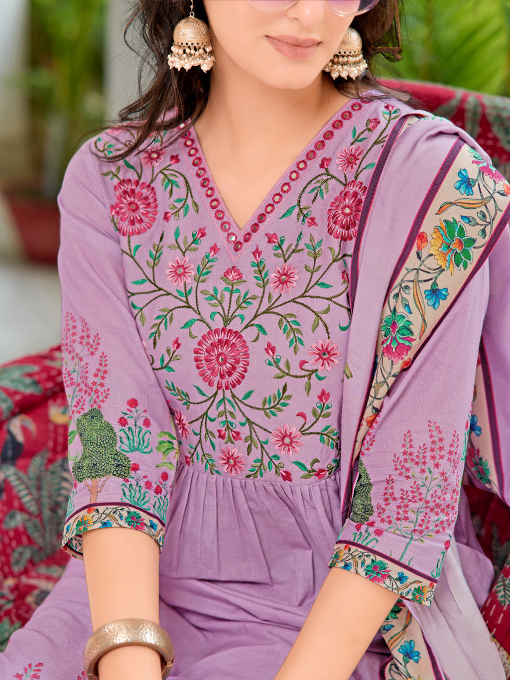 Lavender Placement Printed & Embroidered Flared Kurta Set