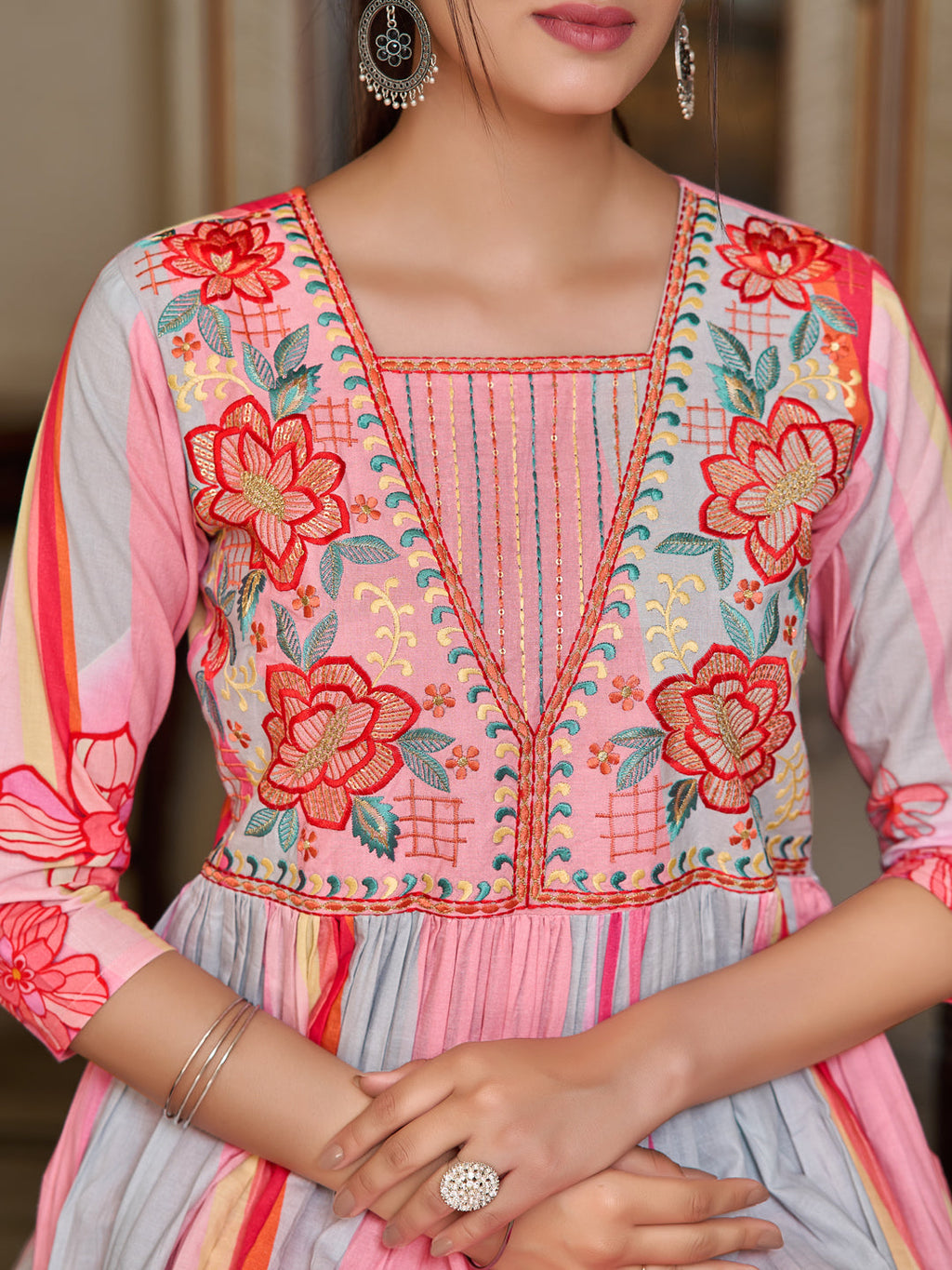Pink Placement Printed Flared Kurta Set with Pant and Dupatta