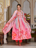 Pink flared kurta with placement embroidery and printed dupatta