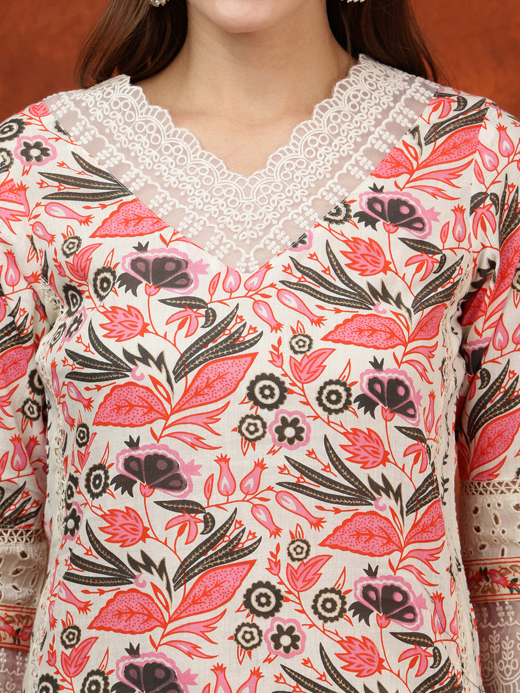 Pink Cotton Kurta Set with Lace Detailing, Pant and Dupatta