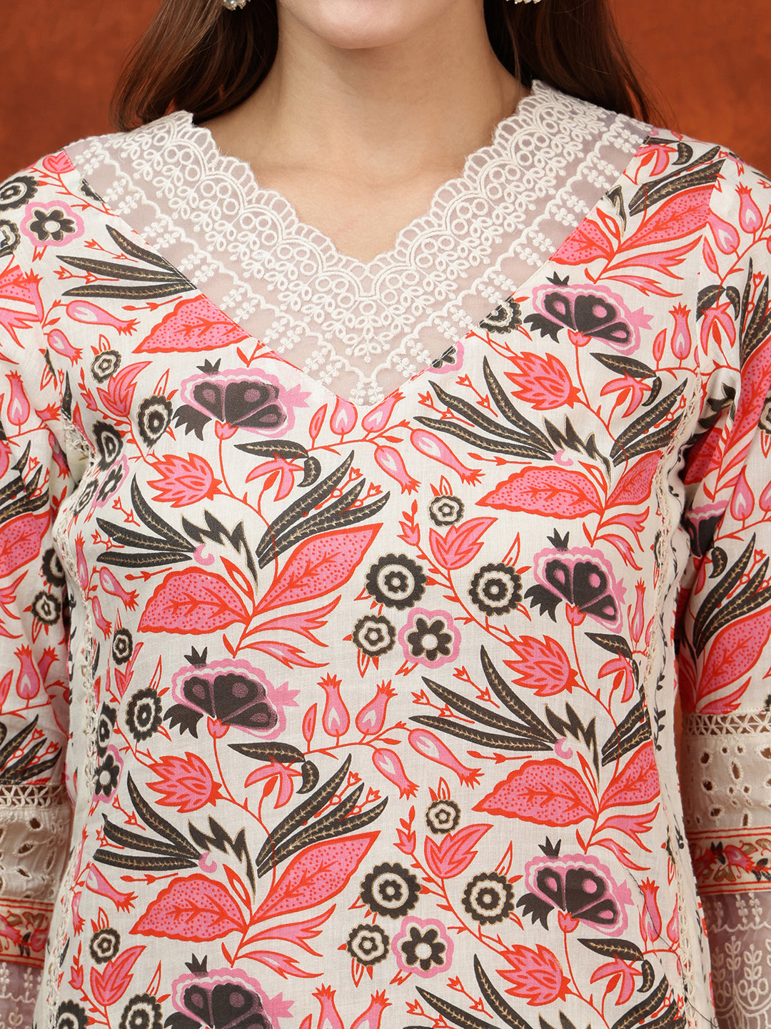 Pink Cotton Kurta Set with Lace Detailing, Pant and Dupatta