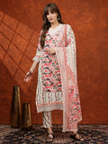 Pink cotton kurta with intricate lace detailing, paired with matching pants and dupatta