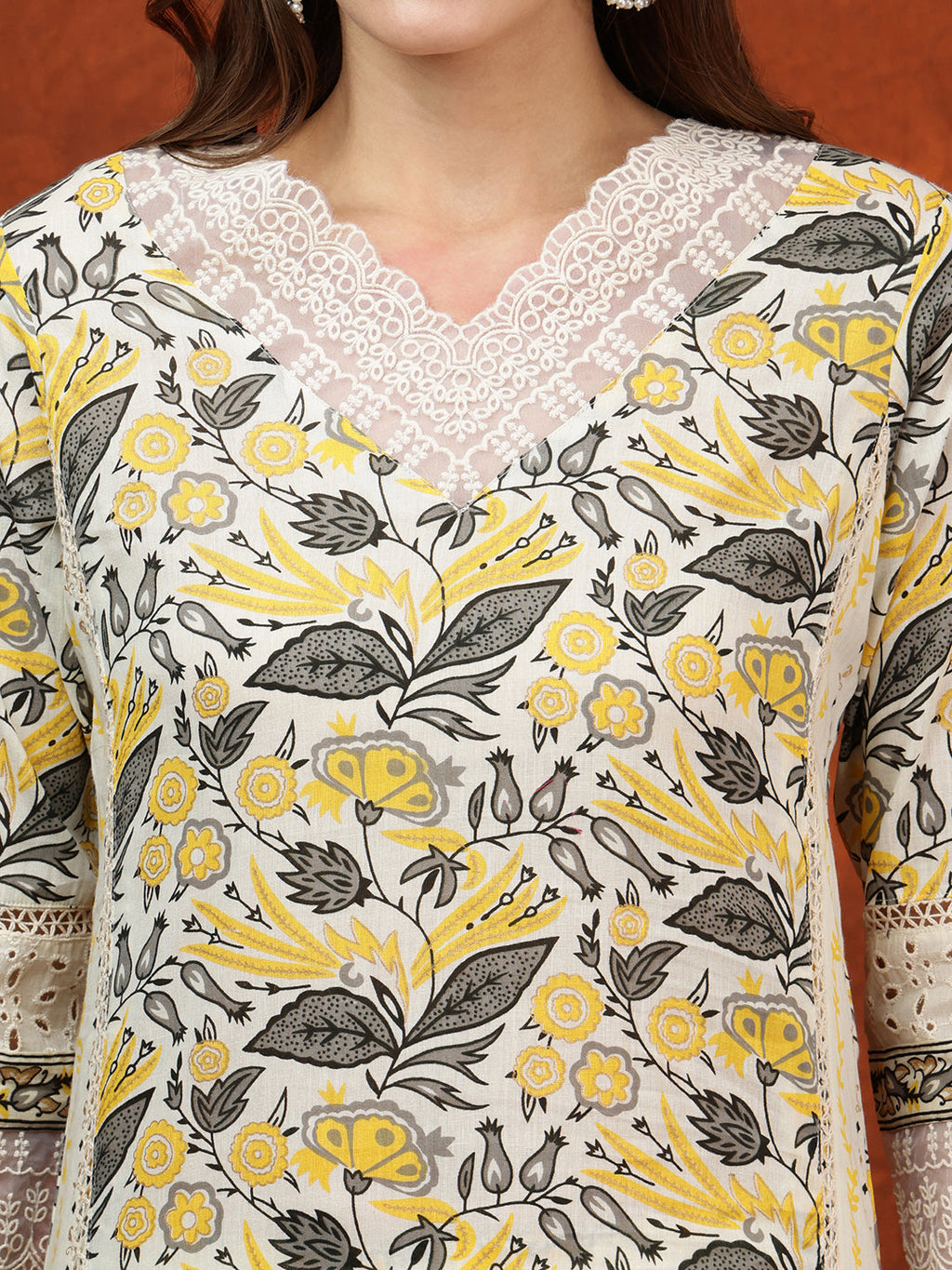 Yellow Printed Kurta Set with Lace Detailing and Dupatta