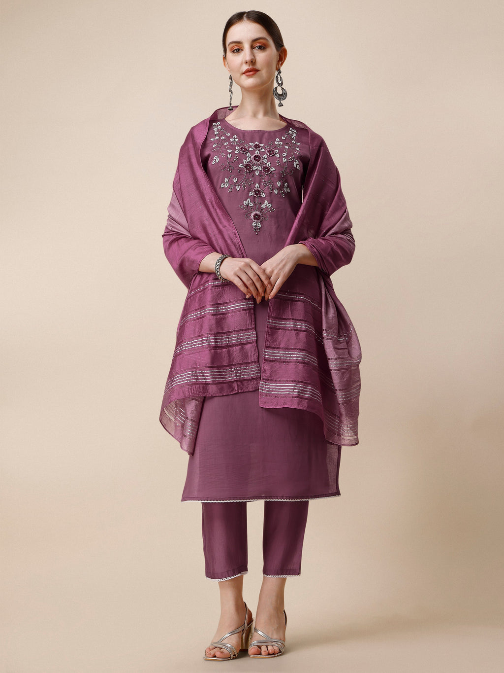 Multicolor hand-embroidered Chanderi kurta set with matching pants and dupatta