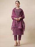 Multicolor hand-embroidered Chanderi kurta set with matching pants and dupatta