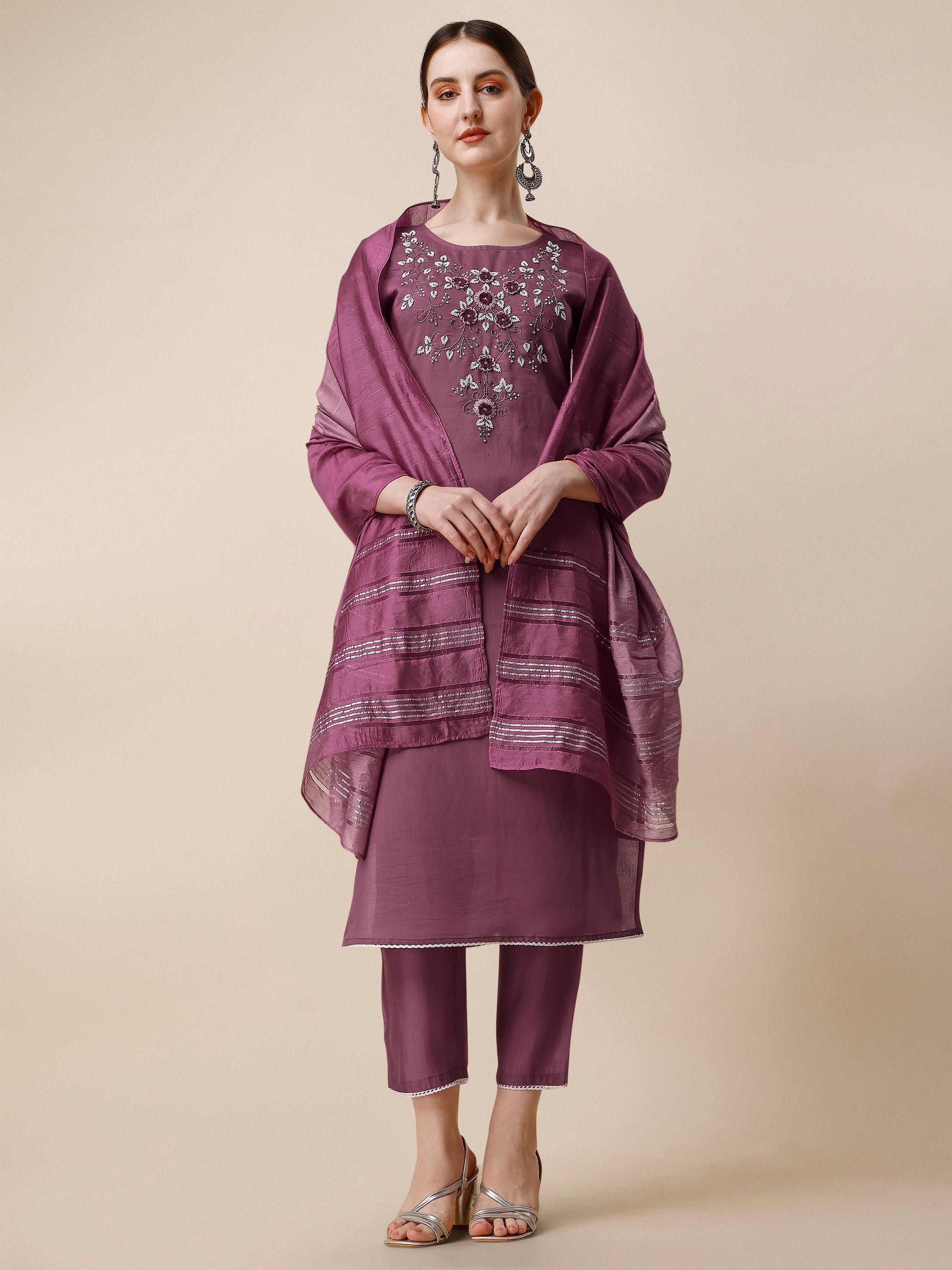 Multicolor hand-embroidered Chanderi kurta set with matching pants and dupatta