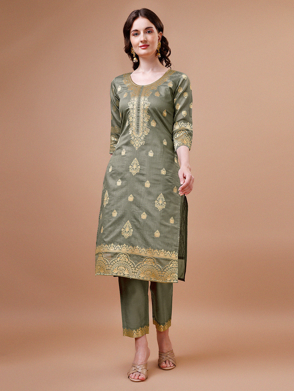 Multicolor Banarasi Chanderi Jacquard Kurta with Pant and Dupatta