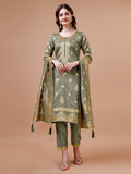 Model wearing a multicolor Banarasi Chanderi jacquard kurta set with matching pants and dupatta.