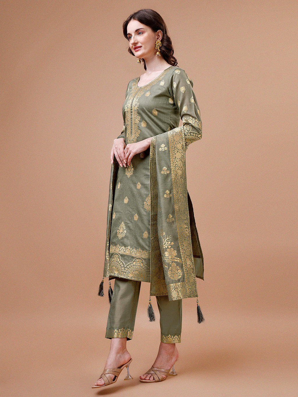 Multicolor Banarasi Chanderi Jacquard Kurta with Pant and Dupatta