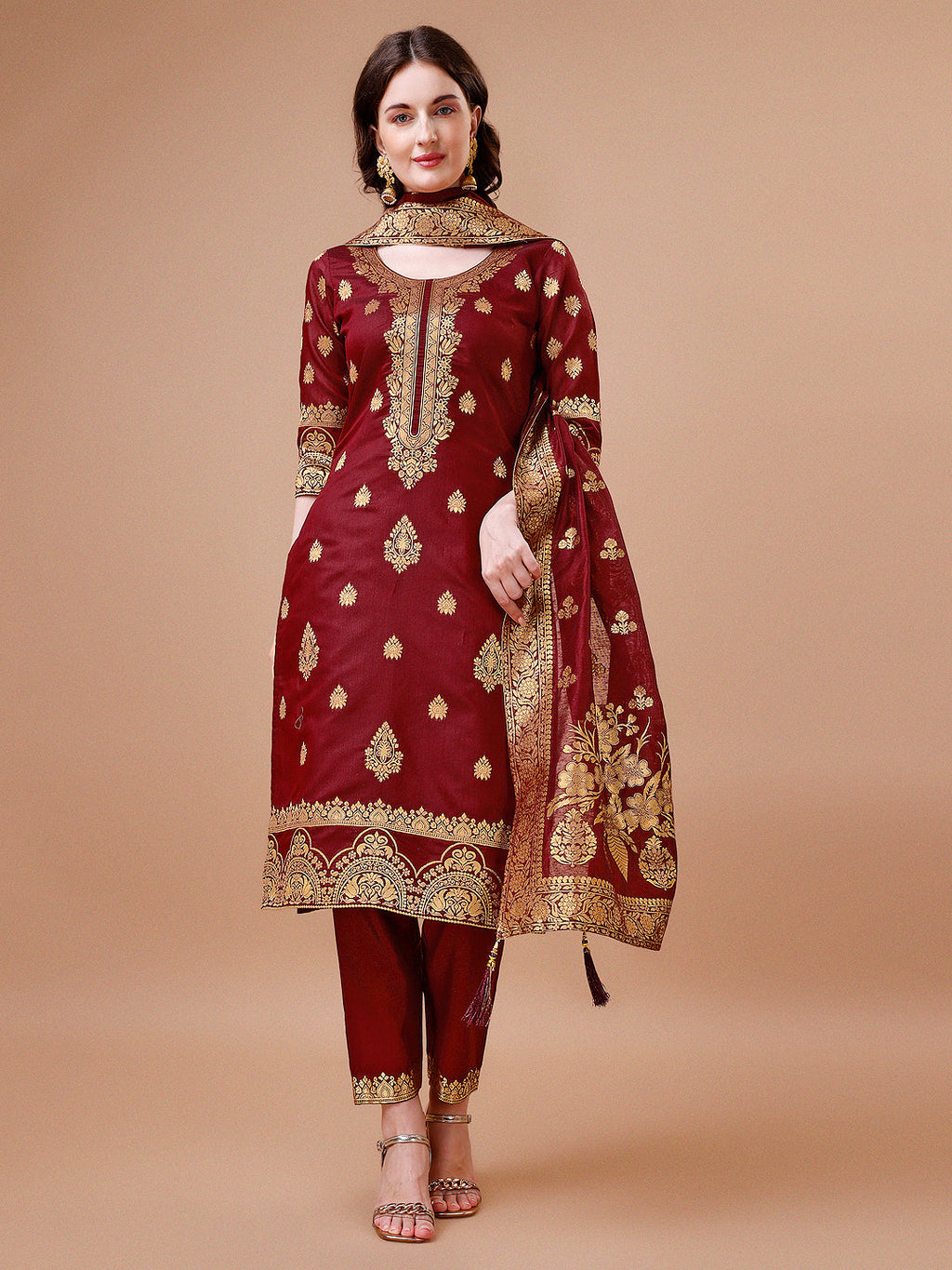 Multicolor Banarasi Chanderi Jacquard Kurta with matching pants and dupatta