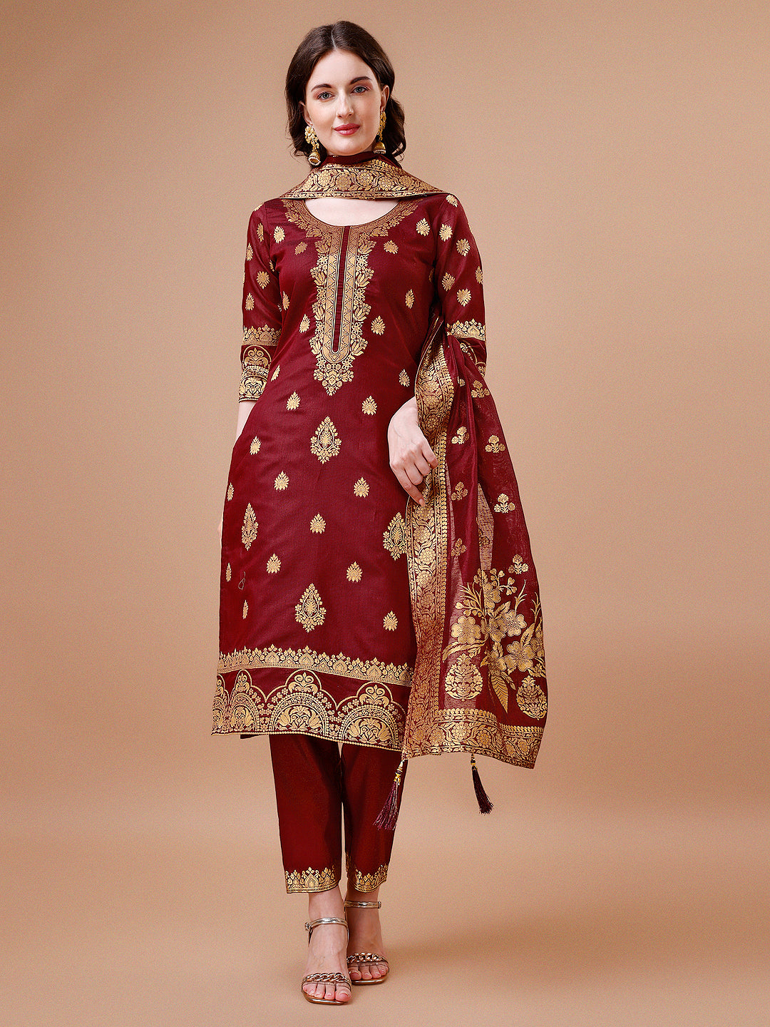 Multicolor Banarasi Chanderi Jacquard Kurta with matching pants and dupatta