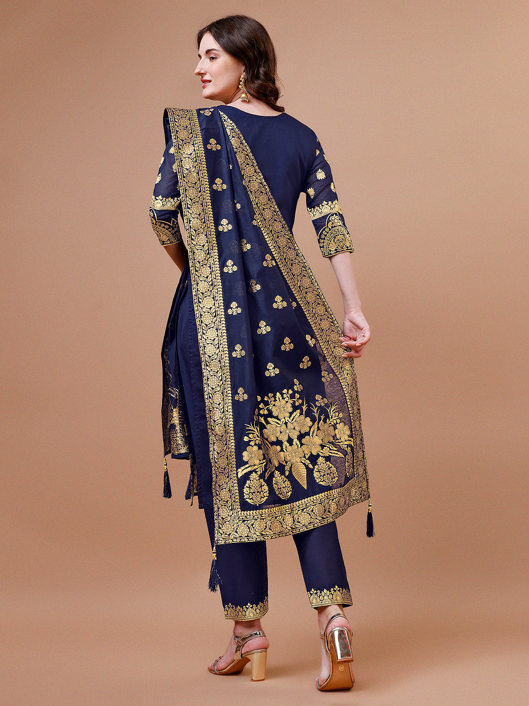 Multicolor Pure Banarasi Chanderi Jacquard Kurta Pant Dupatta Set