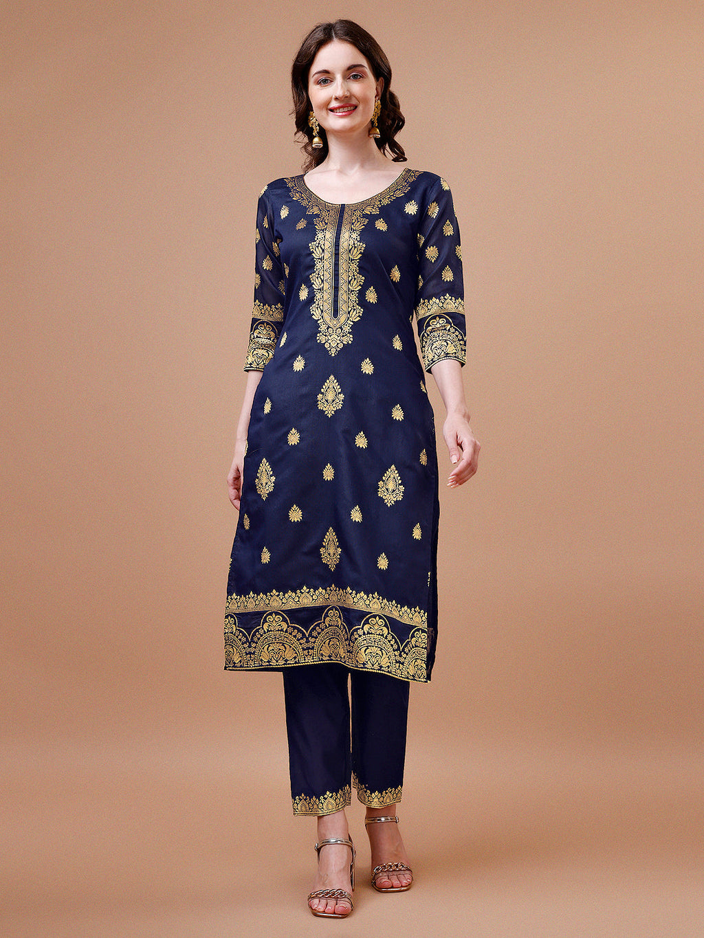 Multicolor Pure Banarasi Chanderi Jacquard Kurta Pant Dupatta Set