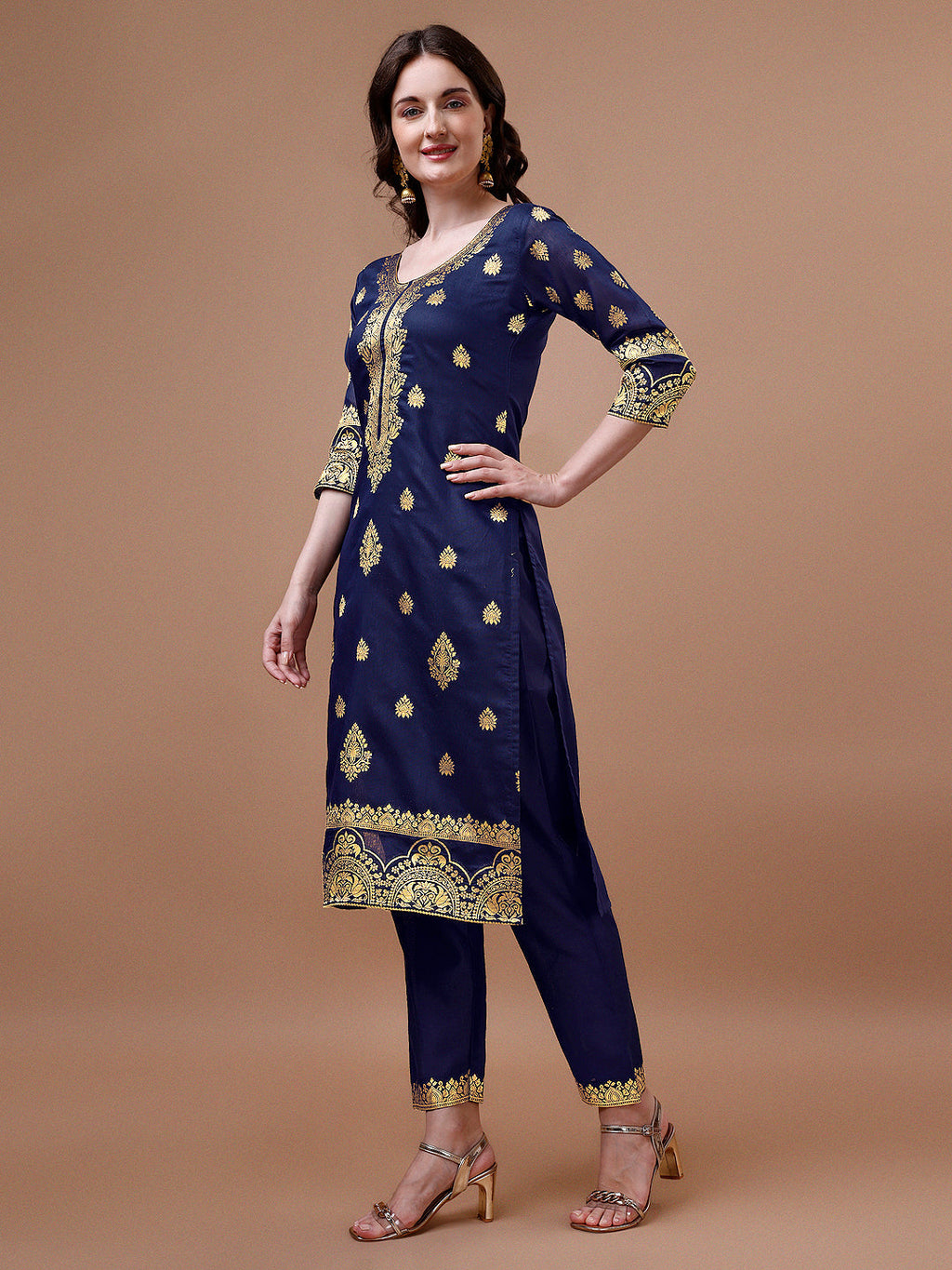 Multicolor Pure Banarasi Chanderi Jacquard Kurta Pant Dupatta Set