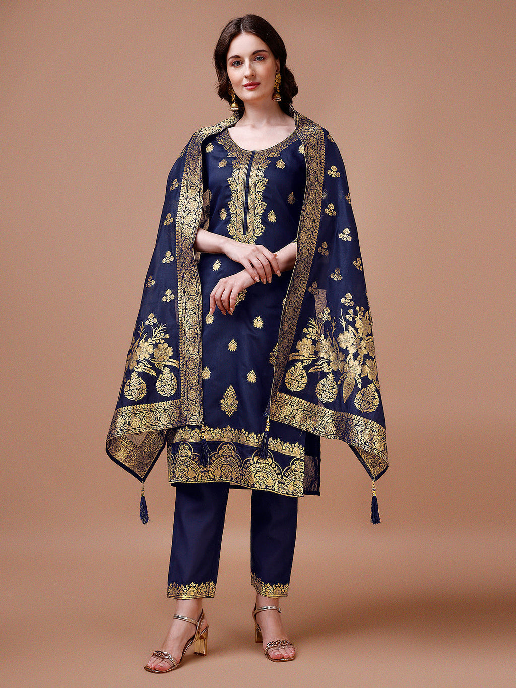 Woman wearing a Multicolor Pure Banarasi Chanderi Jacquard Kurta with matching pants and dupatta