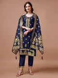 Woman wearing a Multicolor Pure Banarasi Chanderi Jacquard Kurta with matching pants and dupatta