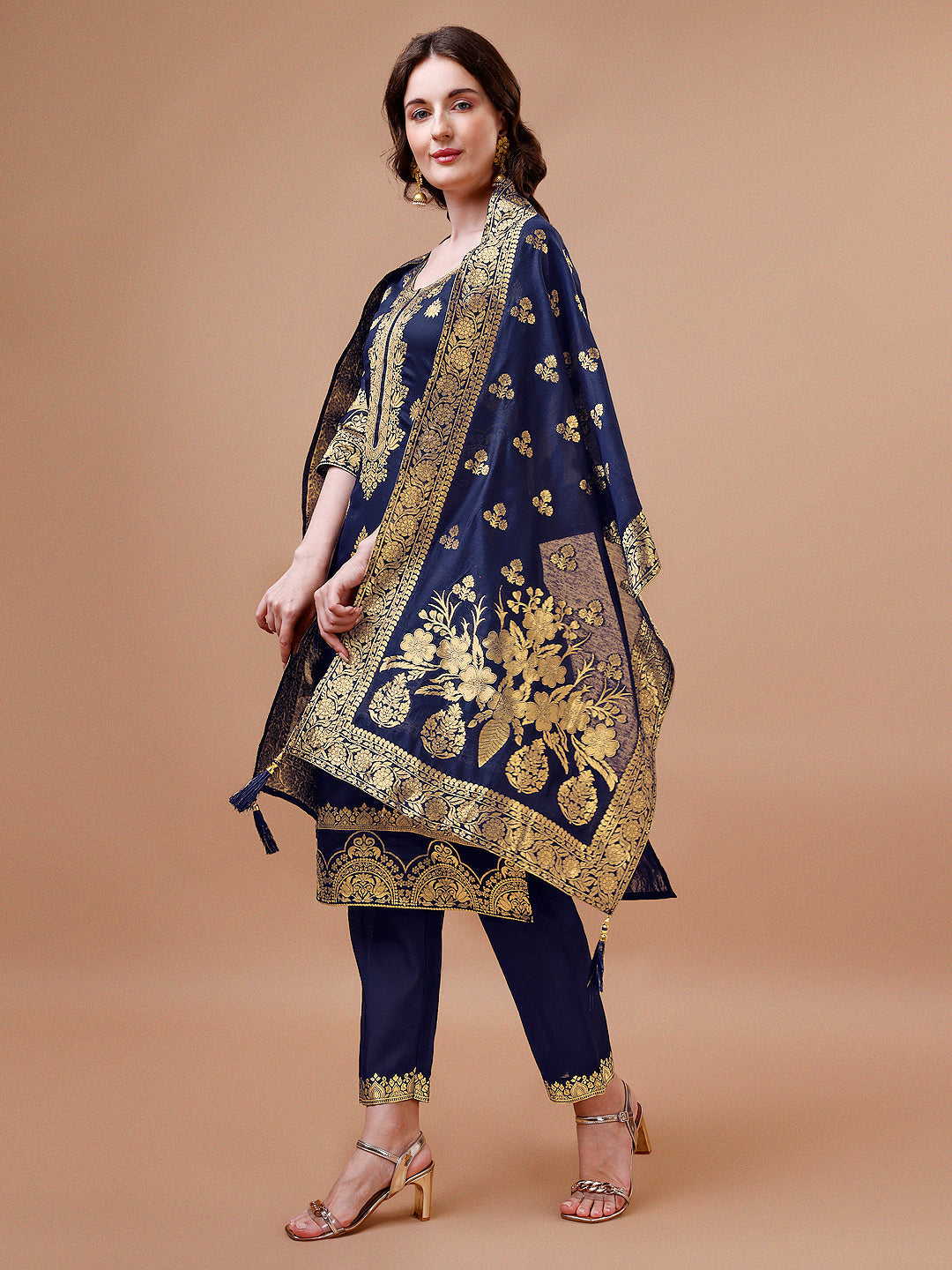 Multicolor Pure Banarasi Chanderi Jacquard Kurta Pant Dupatta Set