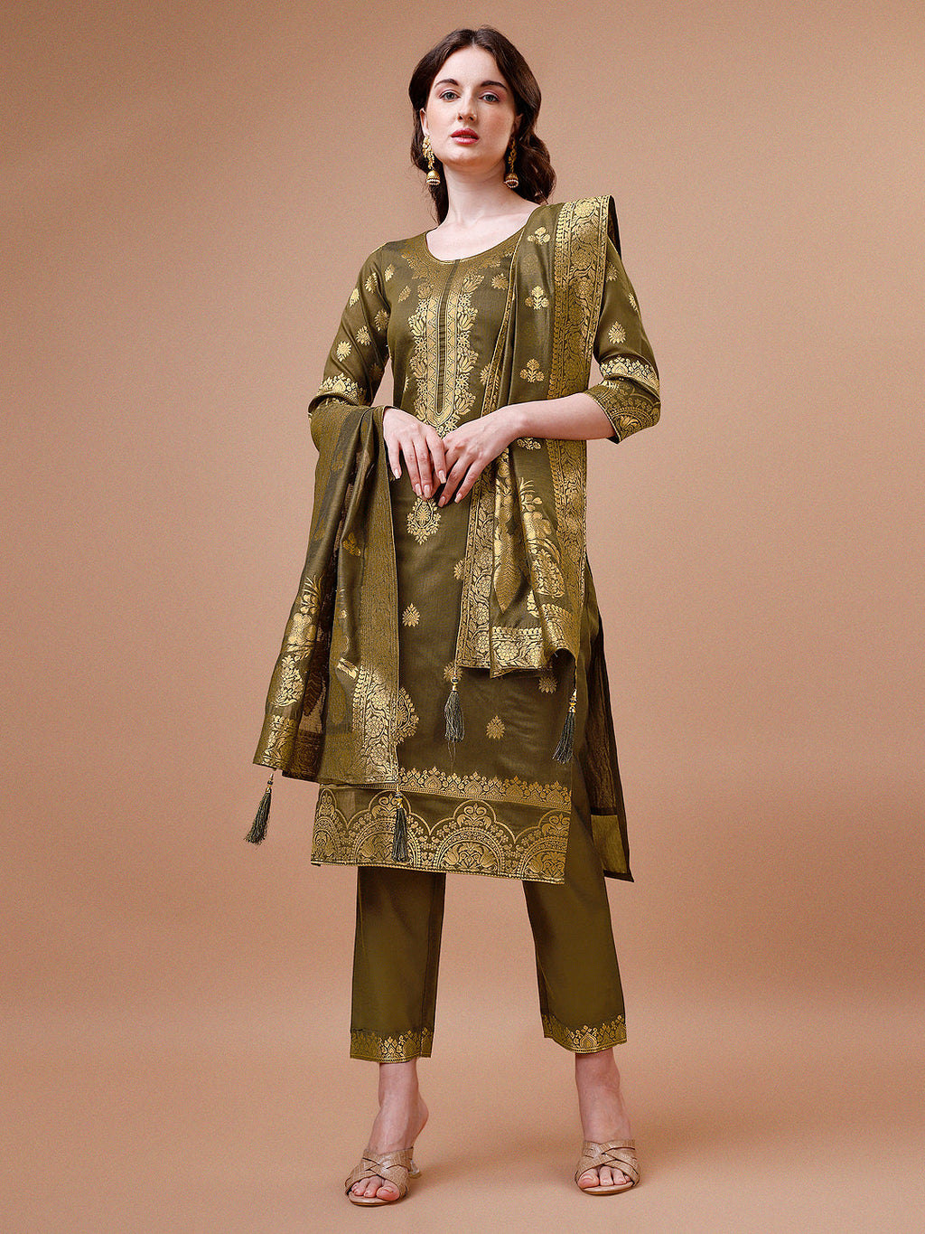 Multicolor Banarasi Chanderi Jacquard Kurta set with matching pant and dupatta