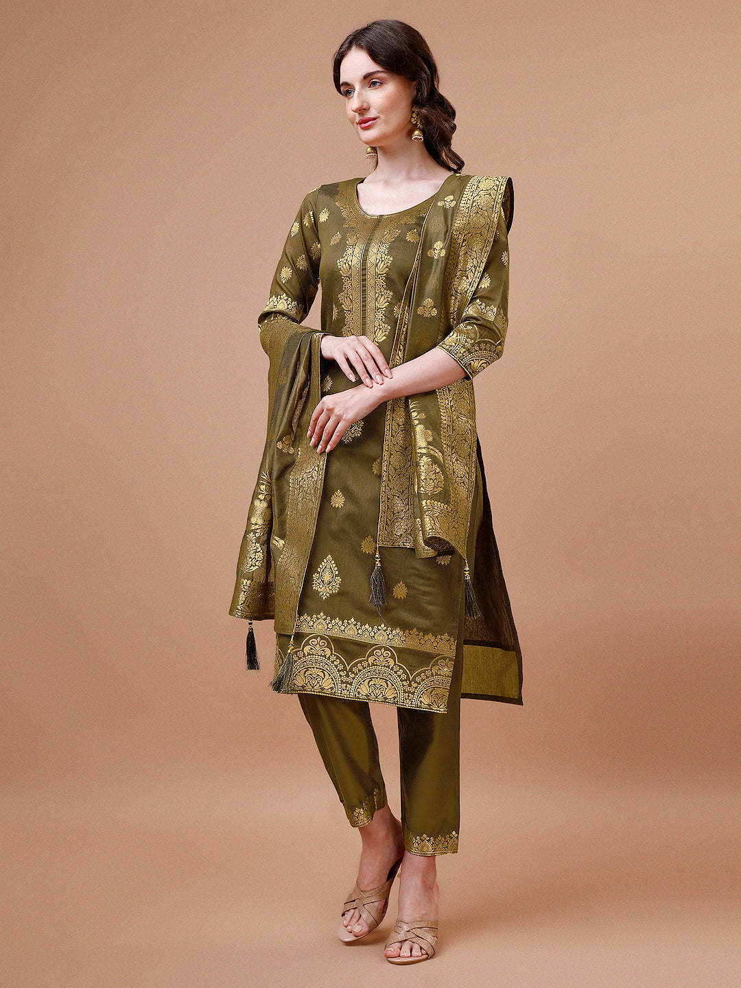 Multicolor Banarasi Chanderi Jacquard Kurta with Pant & Dupatta