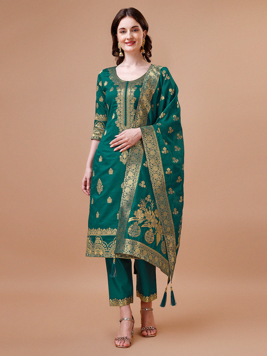 Multicolor Banarasi Chanderi Jacquard kurta set with pants and matching dupatta