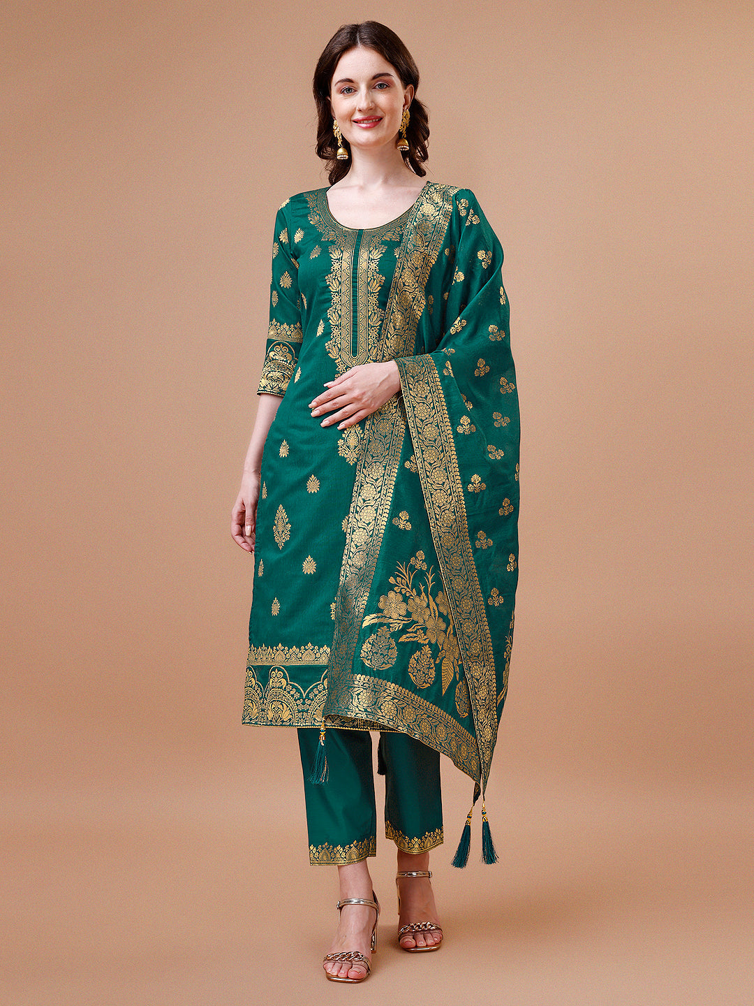 Multicolor Banarasi Chanderi Jacquard kurta set with pants and matching dupatta
