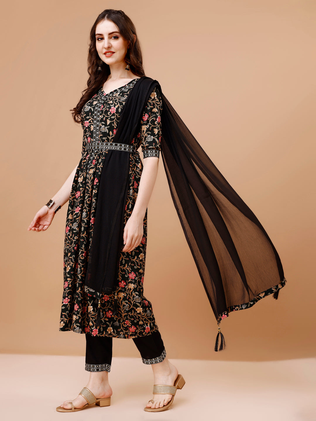 Multicolor Embroidered Front Slit Floral Kurta Set with Dupatta