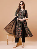 Multicolor embroidered floral kurta set featuring a front slit, pants, dupatta, and belt.