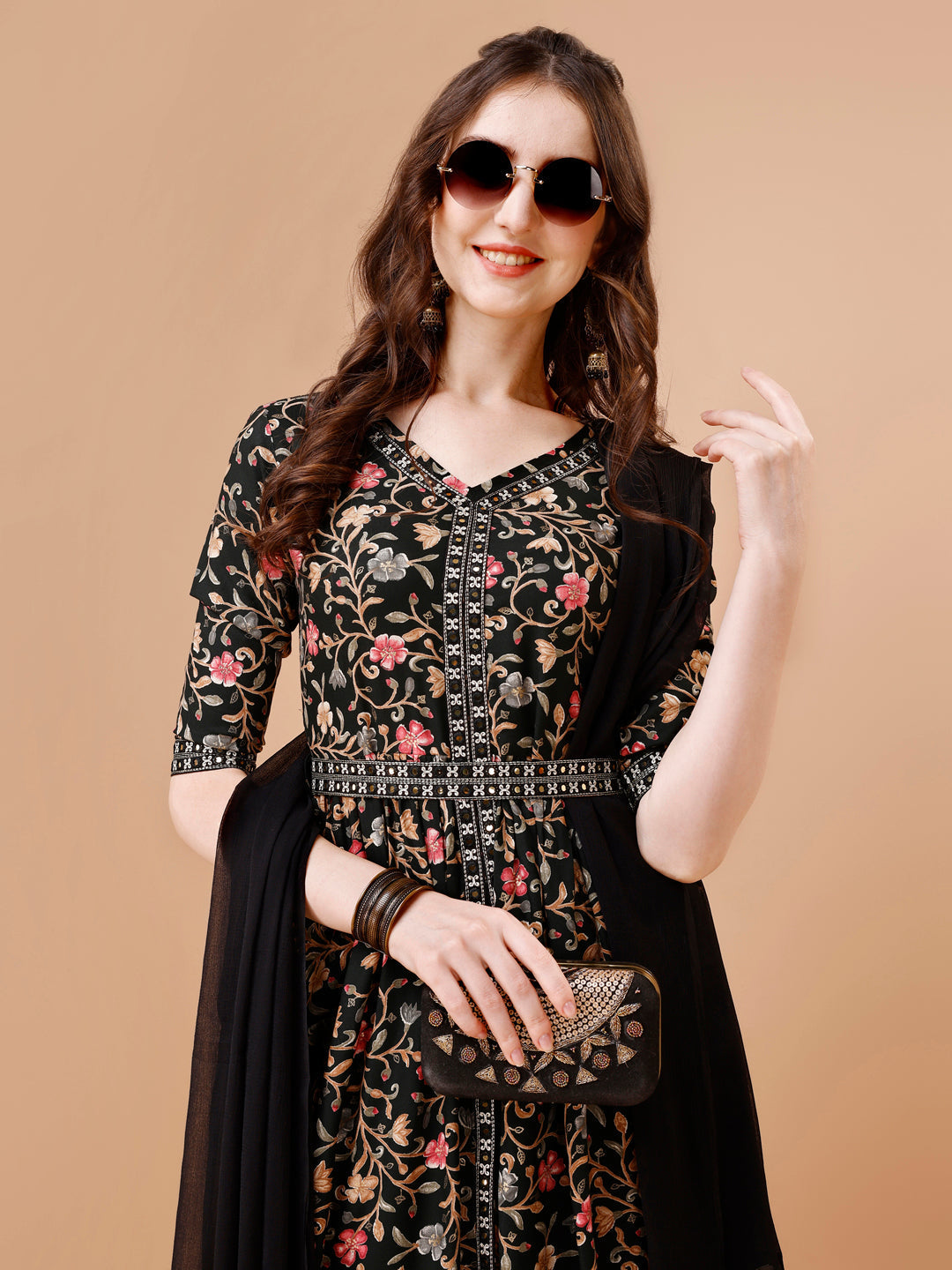 Multicolor Embroidered Front Slit Floral Kurta Set with Dupatta