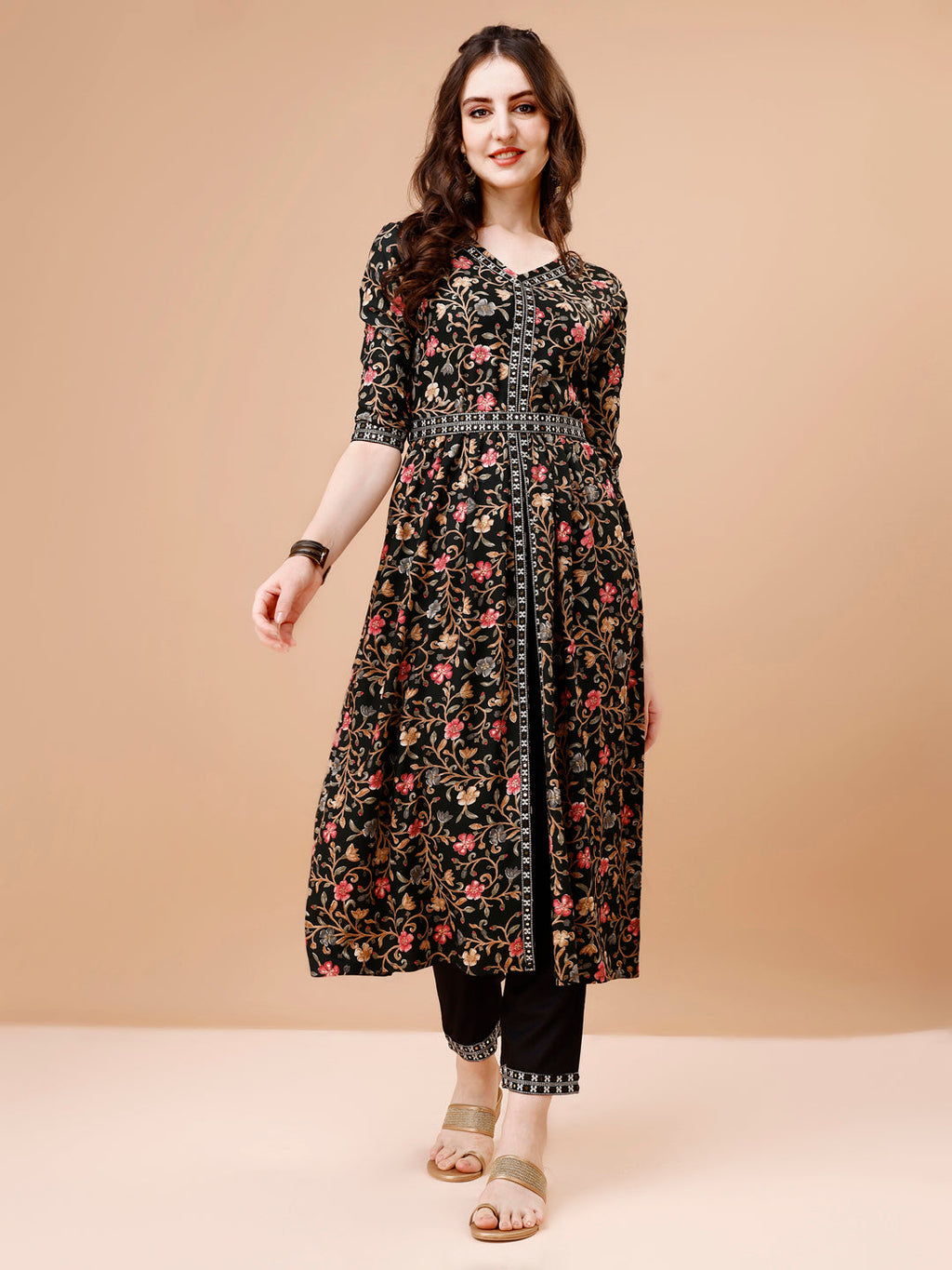 Multicolor Embroidered Front Slit Floral Kurta Set with Dupatta