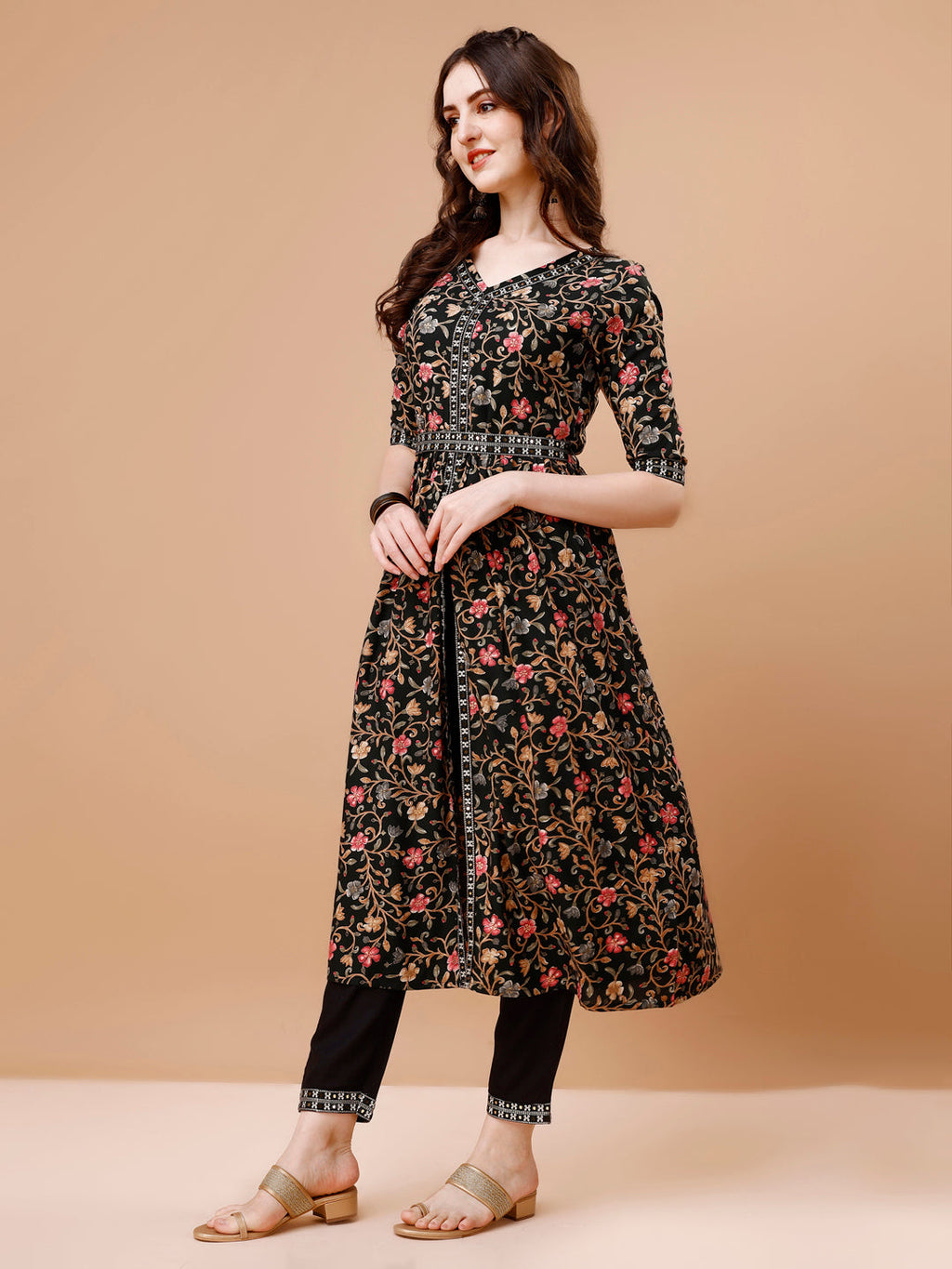 Multicolor Embroidered Front Slit Floral Kurta Set with Dupatta