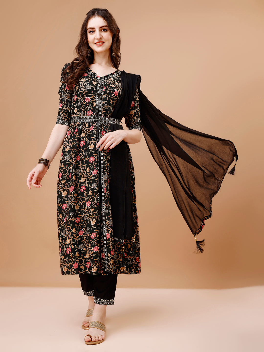 Multicolor Embroidered Front Slit Floral Kurta Set with Dupatta