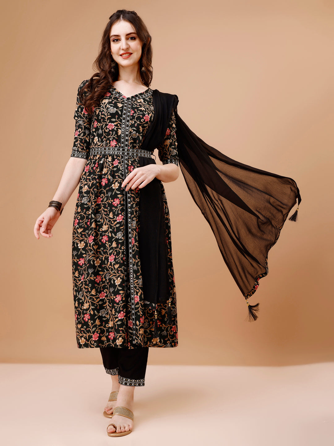 Multicolor Embroidered Front Slit Floral Kurta Set with Dupatta