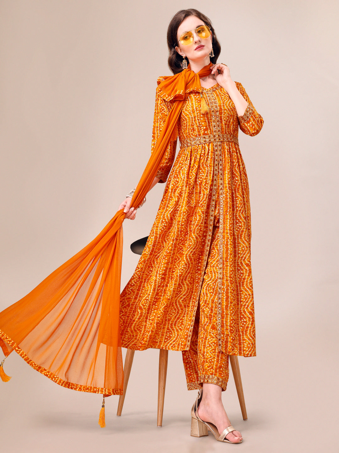 Multicolor Printed & Embroidered Front Slit Kurta Set with Belt