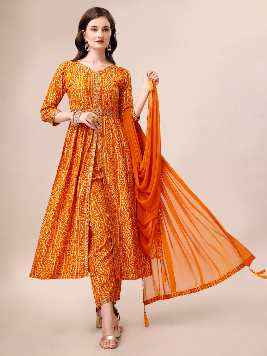 Multicolor printed and embroidered front slit kurta set with matching pants, dupatta, and belt