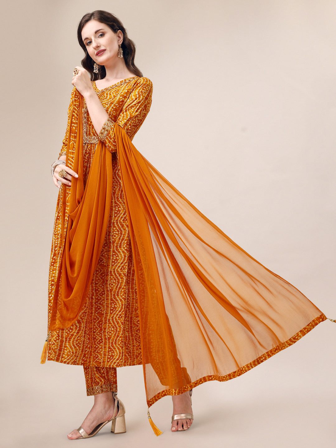 Multicolor Printed & Embroidered Front Slit Kurta Set with Belt