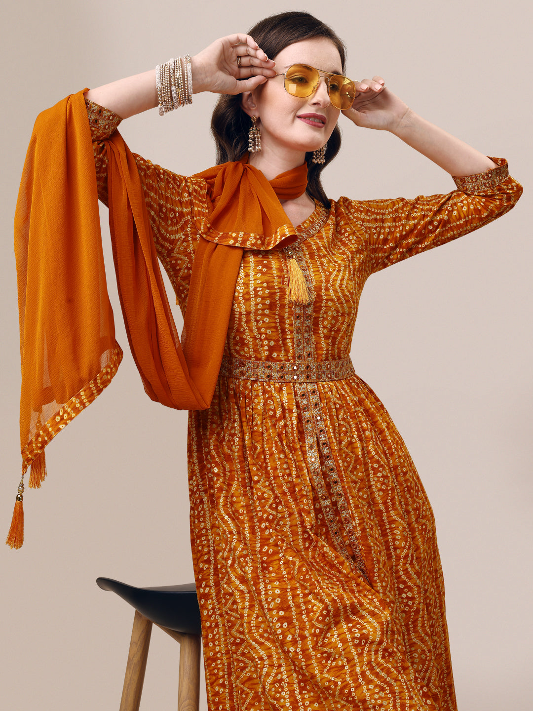 Multicolor Printed & Embroidered Front Slit Kurta Set with Belt