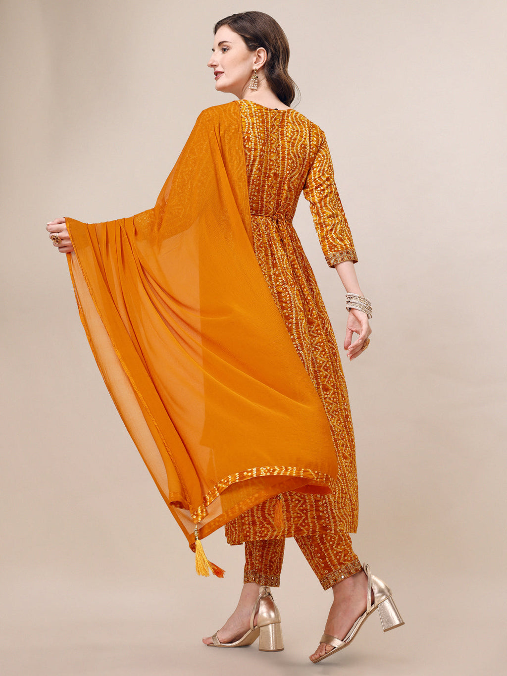 Multicolor Printed & Embroidered Front Slit Kurta Set with Belt