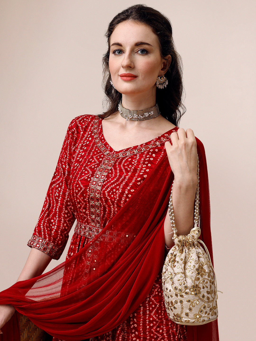 Bandhani Printed Embroidered Kurta Pant Dupatta & Belt Set
