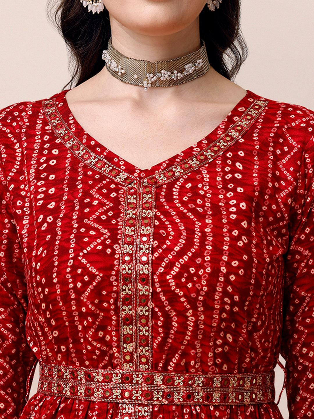 Bandhani Printed Embroidered Kurta Pant Dupatta & Belt Set