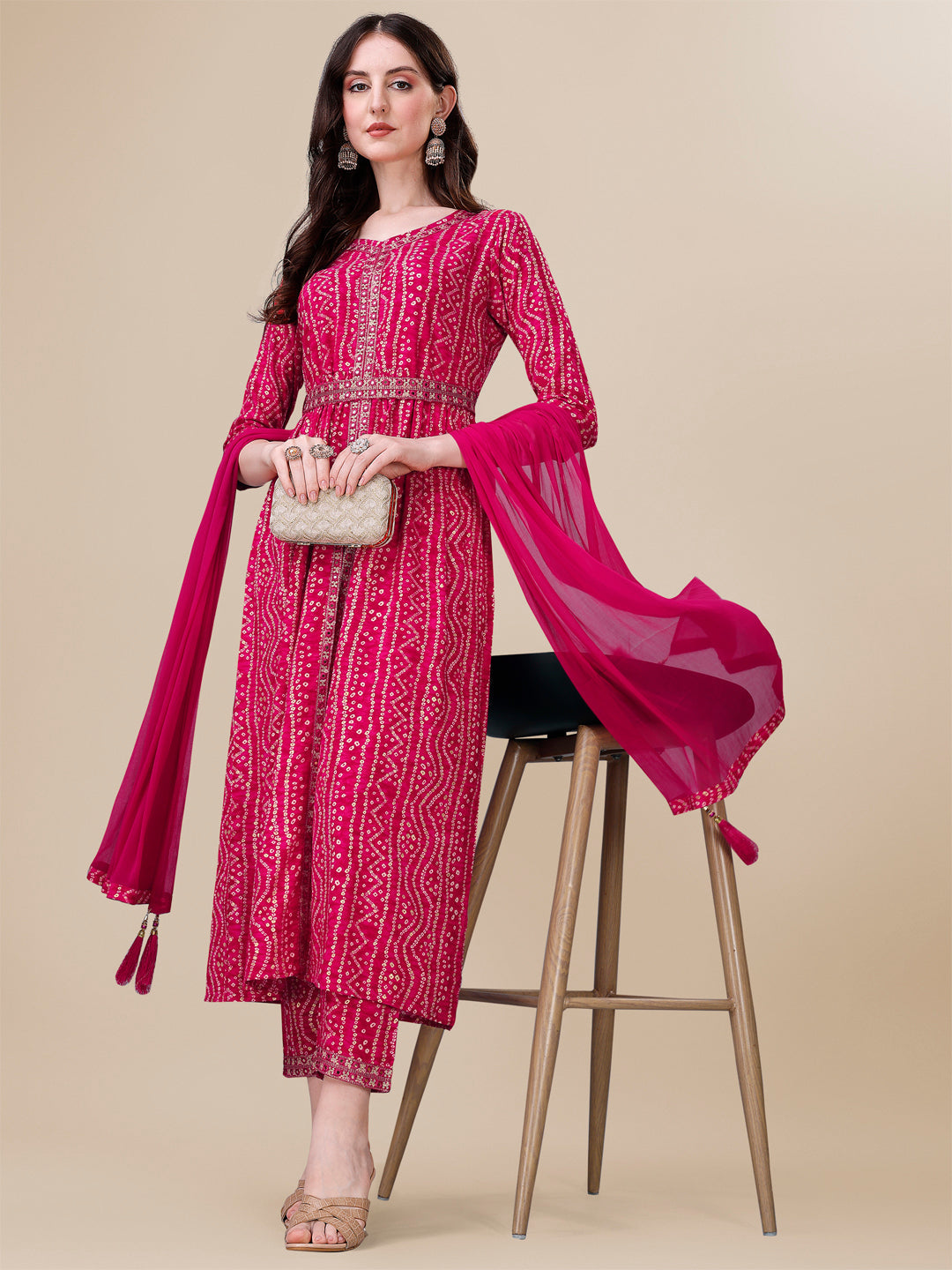 Multicolor Printed & Embroidered Front Slit Kurta Set with Belt