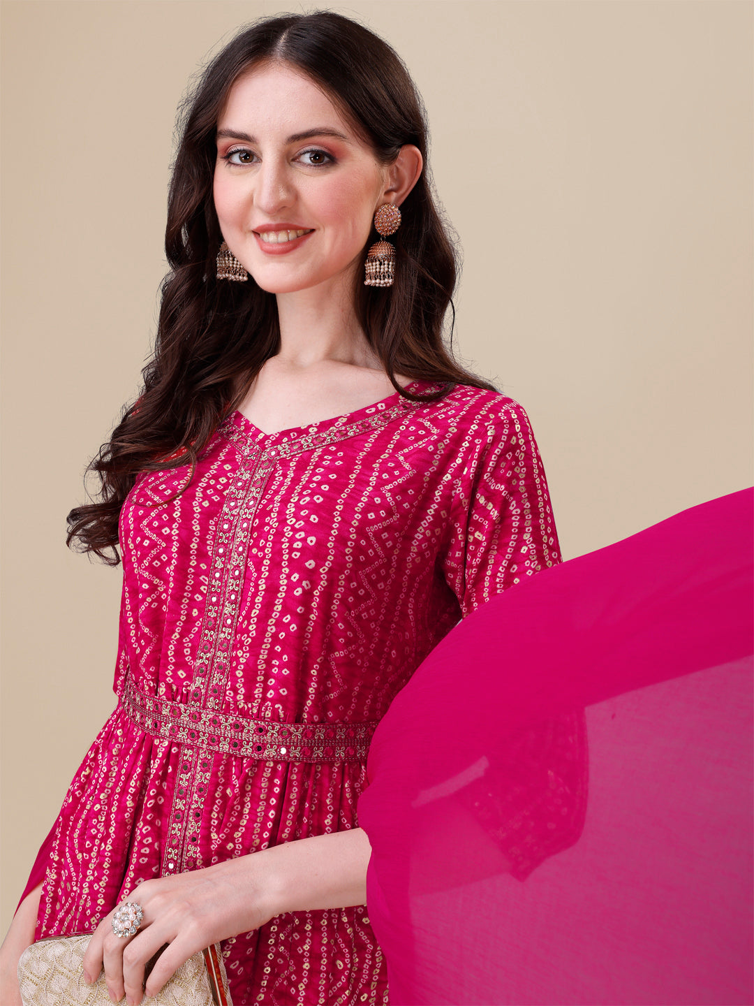 Multicolor Printed & Embroidered Front Slit Kurta Set with Belt