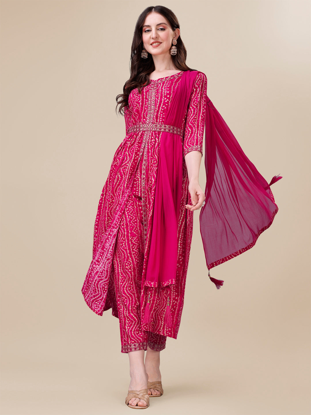 Multicolor printed and embroidered front slit kurta set featuring pants, dupatta, and belt.