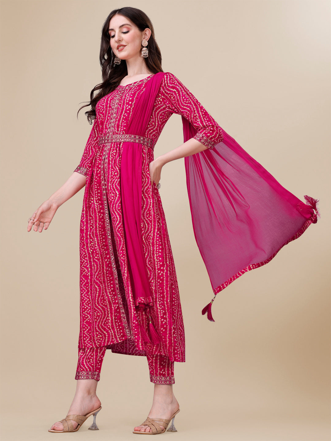 Multicolor Printed & Embroidered Front Slit Kurta Set with Belt