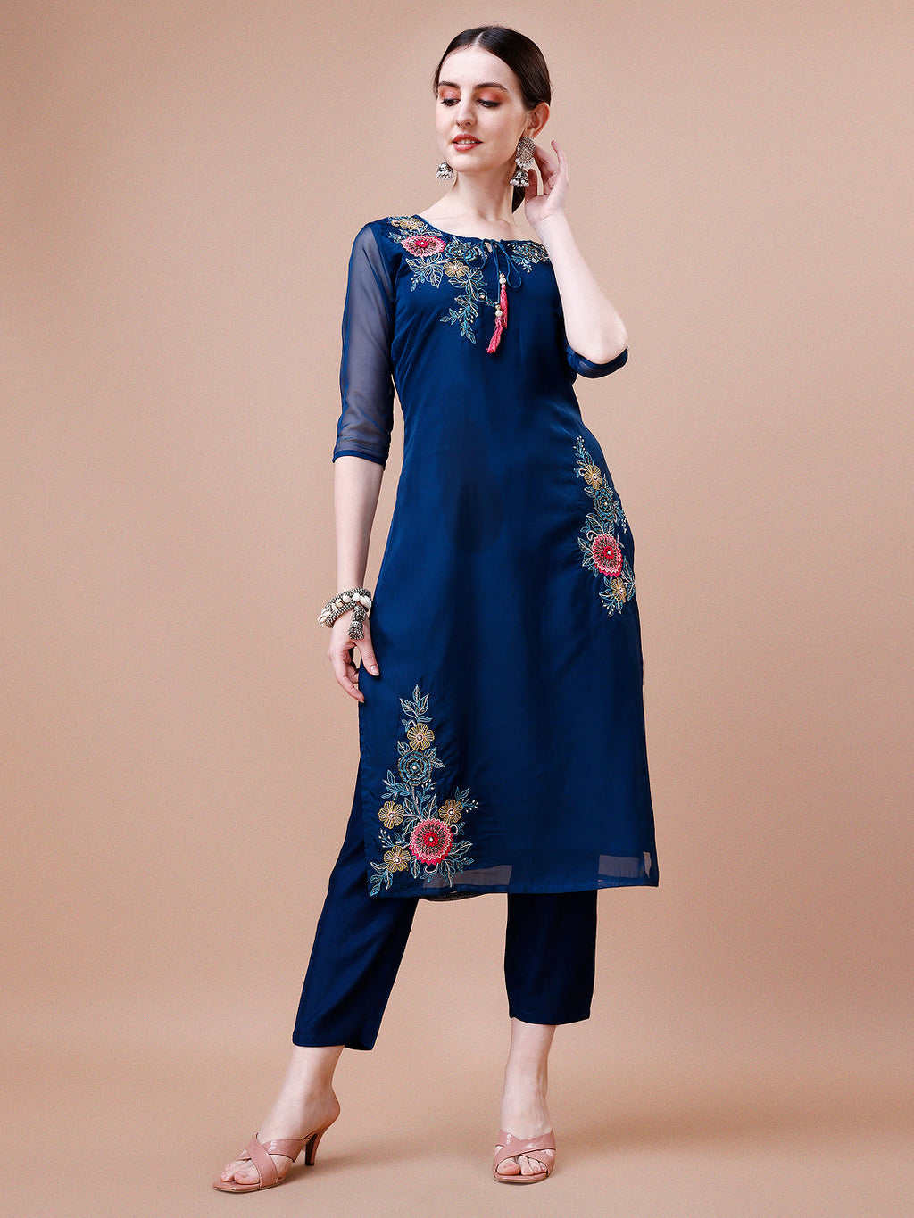 Placement Hand Embroidered Kurta With Pant & Organza Dupatta Set