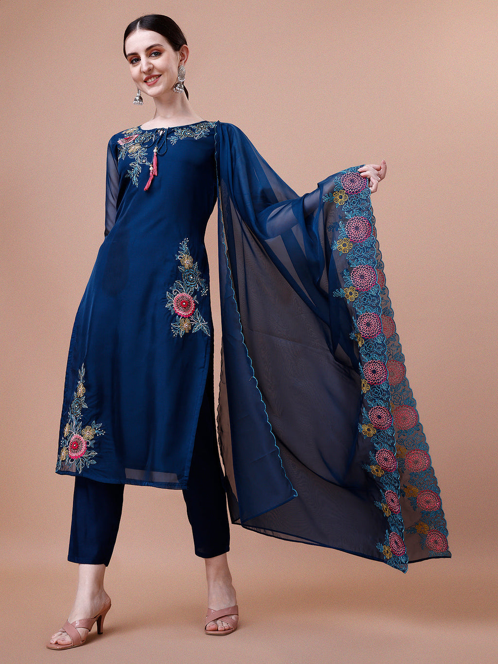 Placement Hand Embroidered Kurta With Pant & Organza Dupatta Set