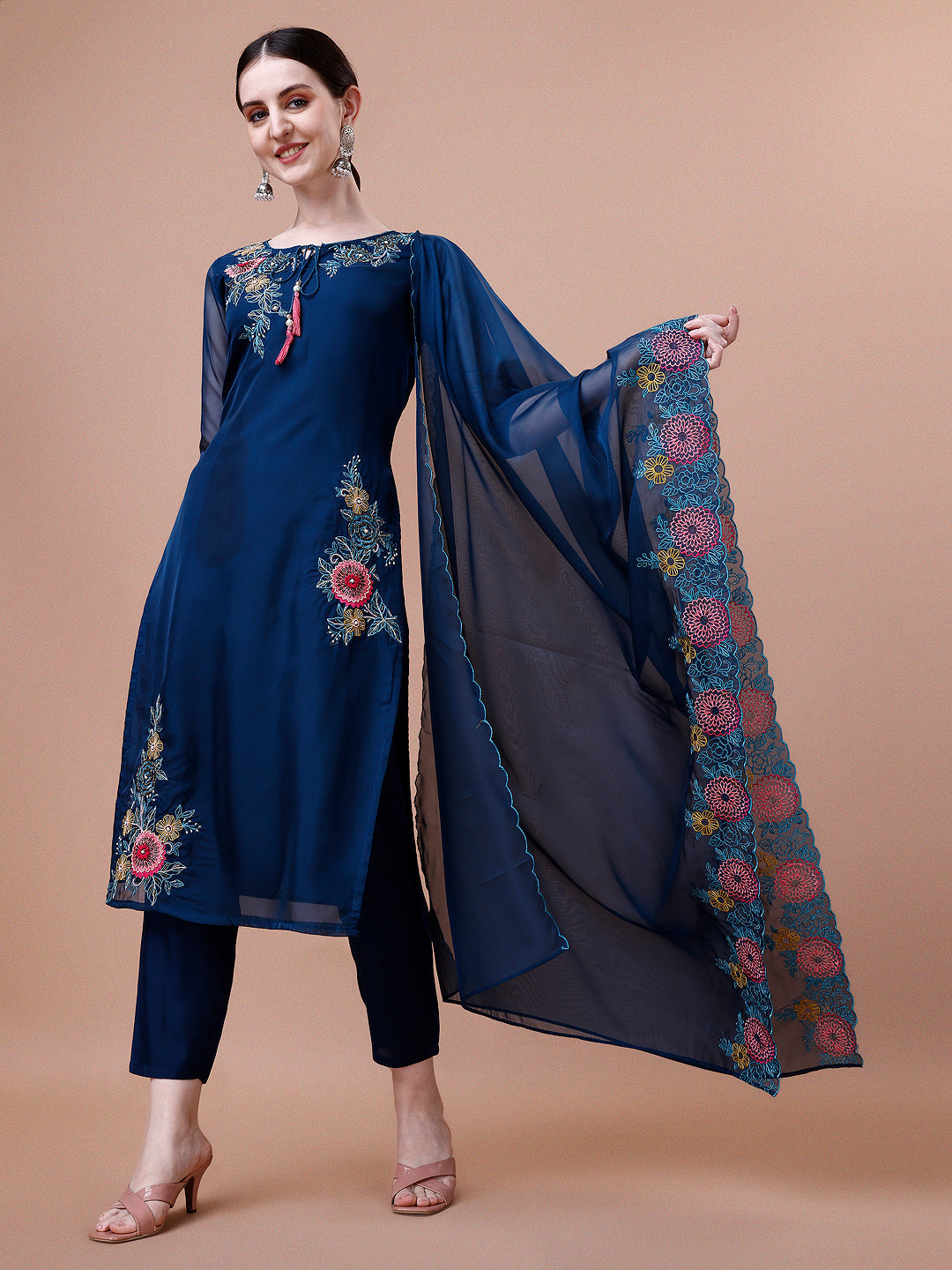 Placement Hand Embroidered Kurta With Pant & Organza Dupatta Set